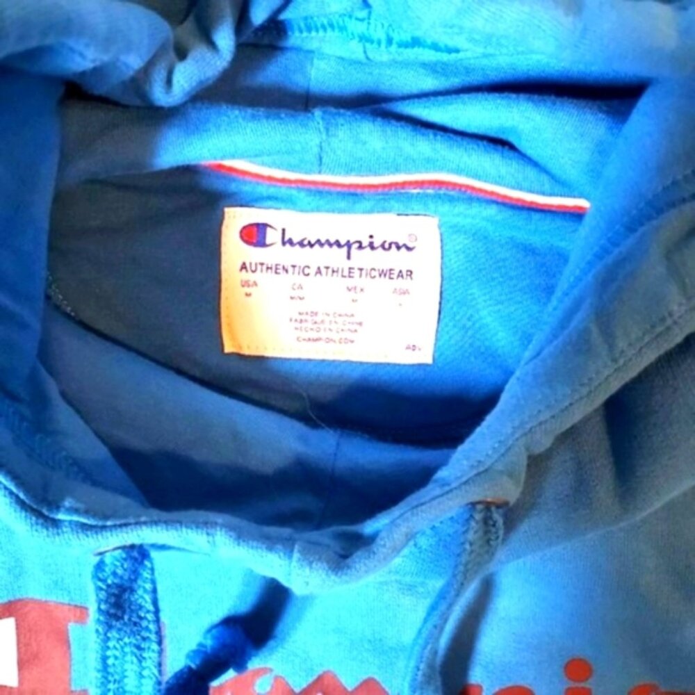 Champion Women's Hoodie Blue Script Logo Pullover Sweatshirt Size M Long Sleeve - Picture 6 of 11